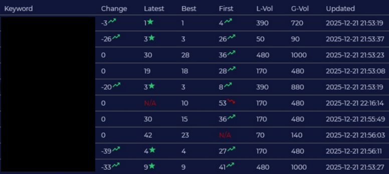 Recent SEO ranking improvements showing multiple keywords reaching top positions